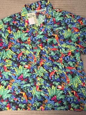 Parrot Head Toucan Dance parrot & toucan Hawaiian shirt Mens Sz XL Birds Floral